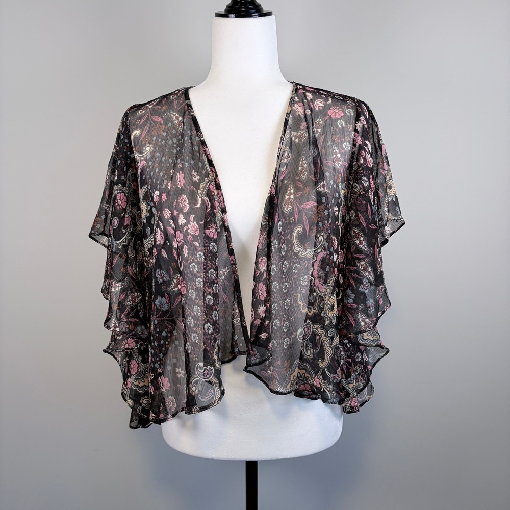Forever 21 Sheer Blouse Floral Ruffles Lace Whimsical Romantic Black Small